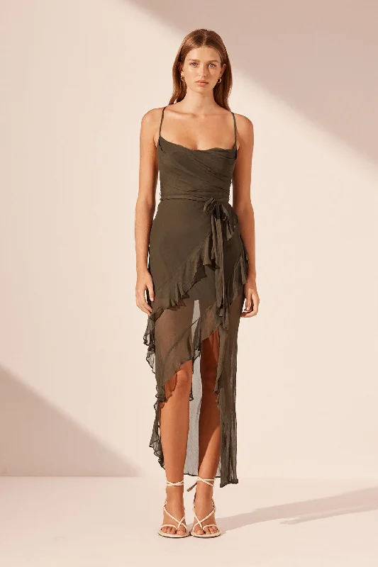 Mini Women Dress with a Short Hem for a Young and Trendy StyleODEN COWL NECK ASYMMETRICAL MAXI DRESS - OLIVE Mini Women Dress with a Short Hem for a Young and Trendy StyleODEN COWL NECK ASYMMETRICAL MAXI DRESS - OLIVE