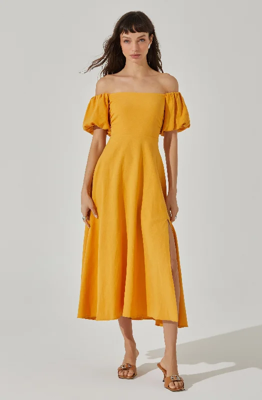 Pleated Women Dress with a Timeless and Elegant TextureOff Shoulder Puff Sleeve Midi Dress Pleated Women Dress with a Timeless and Elegant TextureOff Shoulder Puff Sleeve Midi Dress