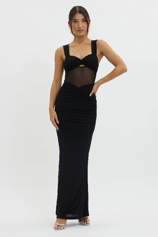Long - Sleeve Women Dress in Velvet for a Luxurious Winter LookOliana Sheer Waist Keyhole Maxi Dress Black Long - Sleeve Women Dress in Velvet for a Luxurious Winter LookOliana Sheer Waist Keyhole Maxi Dress Black