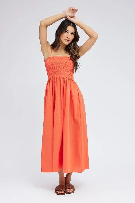 Printed Abstract Women Dress for a Modern and Artistic AppealOrange Maxi Dress Shirred Bust Poplin Printed Abstract Women Dress for a Modern and Artistic AppealOrange Maxi Dress Shirred Bust Poplin