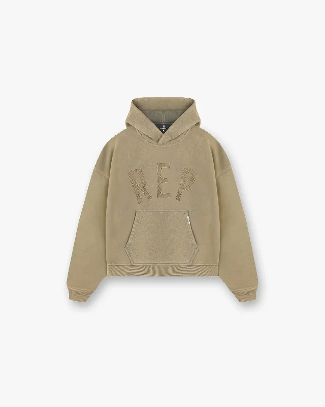 Women's zip - front sweatshirt with contrast stitching for a sporty aestheticRep Applique Hoodie - Fawn Women's zip - front sweatshirt with contrast stitching for a sporty aestheticRep Applique Hoodie - Fawn
