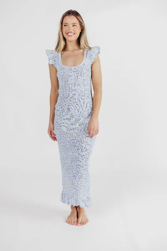 Long - Sleeve Women Dress in Velvet for a Luxurious Winter LookSarah Smocked Midi Dress with Ruffled Eyelet Trim in Light Blue Long - Sleeve Women Dress in Velvet for a Luxurious Winter LookSarah Smocked Midi Dress with Ruffled Eyelet Trim in Light Blue