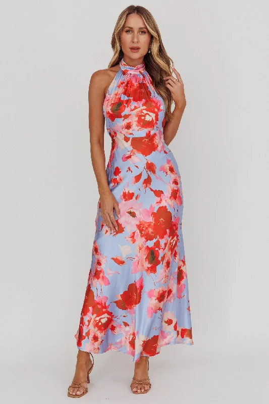 Plus Size Women Dress with a Flattering A - Line Cut for Comfort and StyleShana Halterneck Maxi Dress Roses Blue Plus Size Women Dress with a Flattering A - Line Cut for Comfort and StyleShana Halterneck Maxi Dress Roses Blue