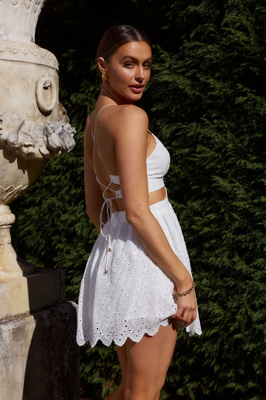 Wrap - Style Women Dress with Adjustable Fit for All Body TypesSloane Eyelet Embroidery Cut-Out Mini Dress White Wrap - Style Women Dress with Adjustable Fit for All Body TypesSloane Eyelet Embroidery Cut-Out Mini Dress White