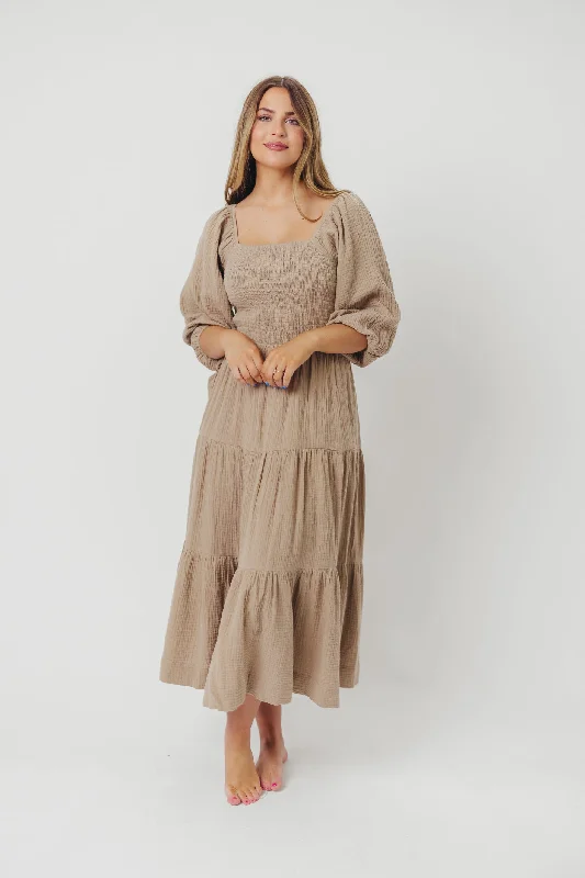 Maxi Women Dress with Floral Print for a Bohemian VibeTaylor Cotton Smocked Midi Dress with Tiered Skirt in Pumice - Inclusive Sizing Maxi Women Dress with Floral Print for a Bohemian VibeTaylor Cotton Smocked Midi Dress with Tiered Skirt in Pumice - Inclusive Sizing