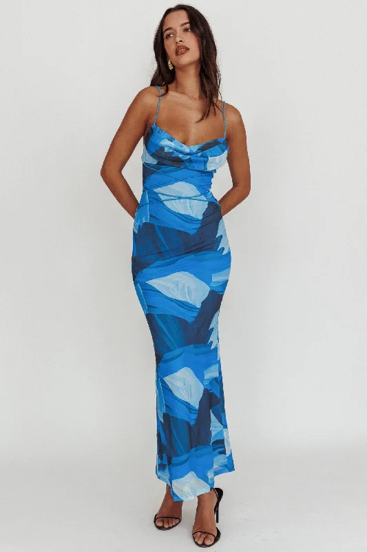 Off - the - Shoulder Women Dress for a Romantic and Feminine LookTeava Laced Waist Maxi Dress Abstract Blue Off - the - Shoulder Women Dress for a Romantic and Feminine LookTeava Laced Waist Maxi Dress Abstract Blue
