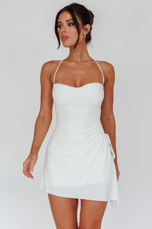Sleeveless Women Dress in Bright Colors for Summer PartiesThriving Ruched Side Mini Dress Off White Sleeveless Women Dress in Bright Colors for Summer PartiesThriving Ruched Side Mini Dress Off White