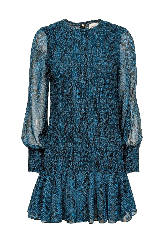 Sheath Women Dress with a Tailored Fit for a Professional Look Sheath Women Dress with a Tailored Fit for a Professional Look MISA Los Angeles - Teal & Black Snakeskin Print Smocked Chiffon Dress Sz M Sheath Women Dress with a Tailored Fit for a Professional Look Sheath Women Dress with a Tailored Fit for a Professional Look MISA Los Angeles - Teal & Black Snakeskin Print Smocked Chiffon Dress Sz M
