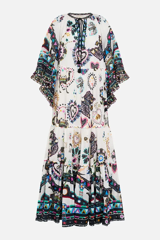 Maxi dresses with a criss - cross back for a flirty and unique detailWIDE SLEEVE GATHERED DRESS NUBIAN WONDERLAND