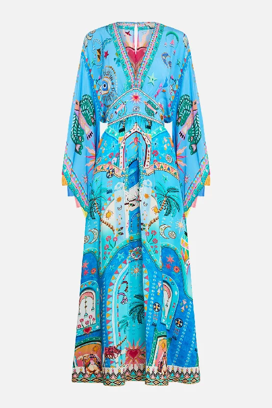 Maxi dresses with fringe trim for a bohemian vibeWAISTED DRESS WITH KIMONO SLEEVE A PAINTED VILLAGE Maxi dresses with fringe trim for a bohemian vibeWAISTED DRESS WITH KIMONO SLEEVE A PAINTED VILLAGE