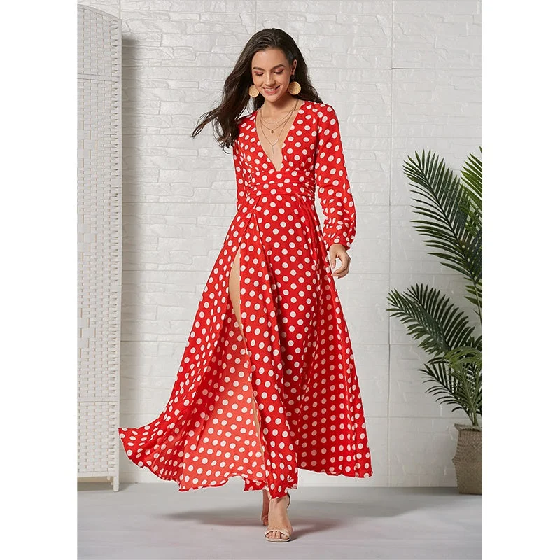 Sequined maxi dresses for formal evening galasKittenAlarm - Deep V Neck Long Sleeve Dresses Dot Print Large Swing Slit Hem Dress Sequined maxi dresses for formal evening galasKittenAlarm - Deep V Neck Long Sleeve Dresses Dot Print Large Swing Slit Hem Dress