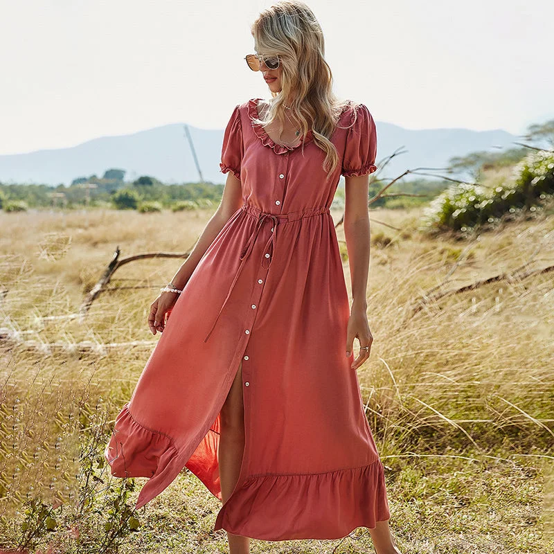 Maxi dresses with one - shoulder designs for a stylish and asymmetric lookKittenAlarm - Single-Breasted Round Neck Solid Color Dress Maxi dresses with one - shoulder designs for a stylish and asymmetric lookKittenAlarm - Single-Breasted Round Neck Solid Color Dress