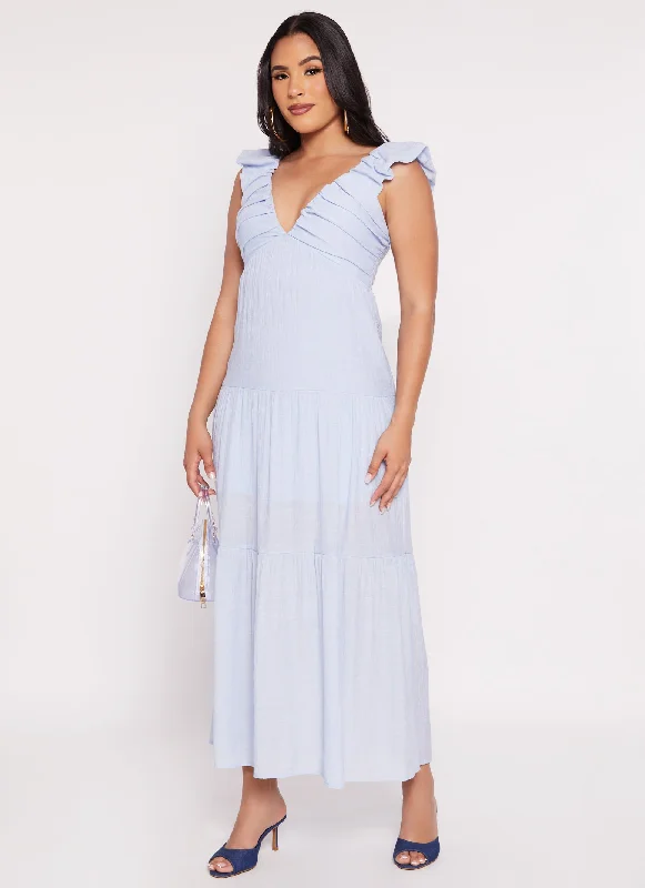 Maxi dresses with a ruched bodice for a more form - fitting and feminine shapeRuched V Neck Tiered Maxi Dress