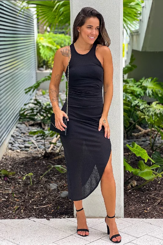 Polyester maxi dresses for easy - care and durabilityBlack Asymmetrical Midi Dress