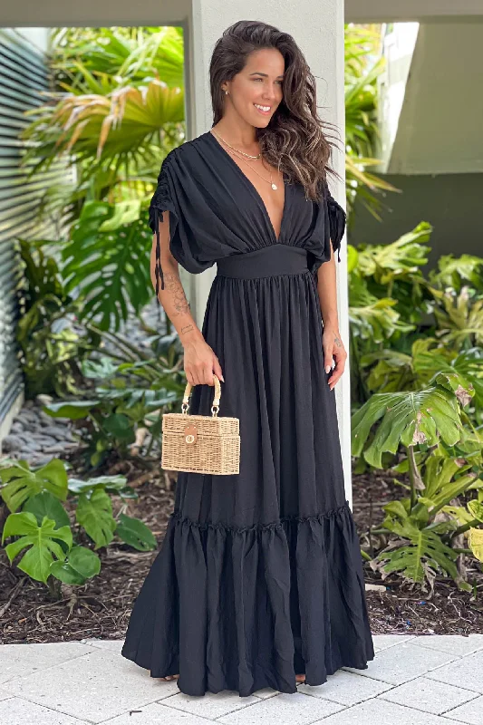 Denim maxi dresses with frayed hems for a casual lookBlack Deep V-Neck Maxi Dress