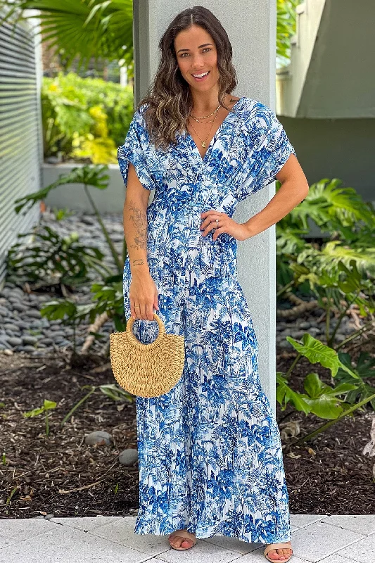 Leather maxi dresses for an edgy and bold appearanceBlue Pleated V-Neck Jumpsuit
