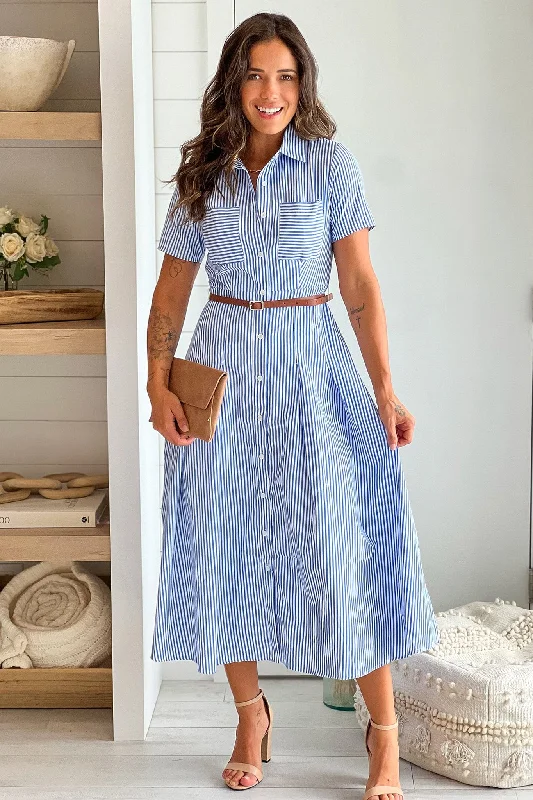 Maxi dresses with one - shoulder designs for a stylish and asymmetric lookBlue Striped Button Down Dress With Belt Maxi dresses with one - shoulder designs for a stylish and asymmetric lookBlue Striped Button Down Dress With Belt