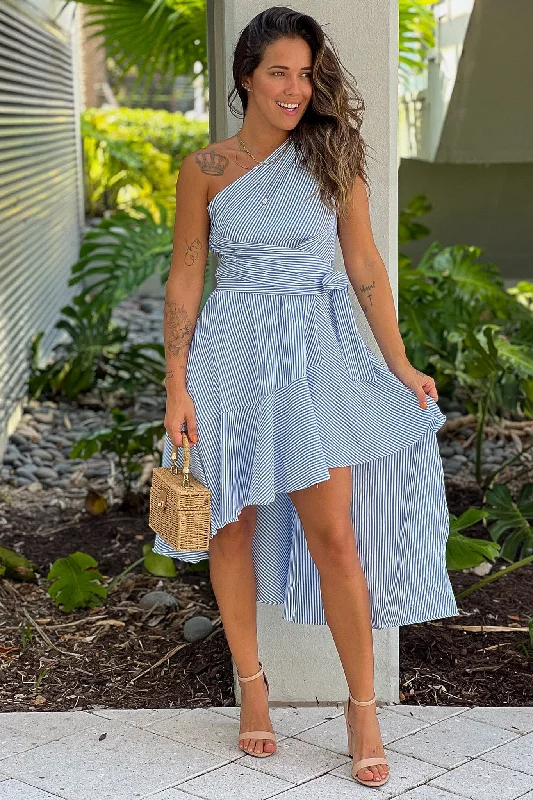 Maxi dresses with geometric prints for a contemporary aestheticBlue Striped One Shoulder Dress Maxi dresses with geometric prints for a contemporary aestheticBlue Striped One Shoulder Dress