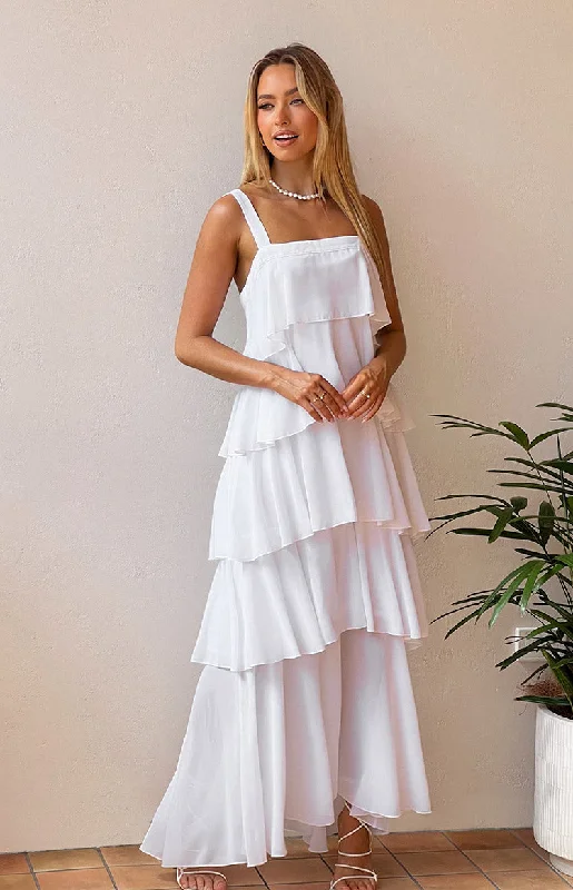 Velvet maxi dresses with long sleeves for winter weddingsBrielle White Layered Frill Maxi Dress Velvet maxi dresses with long sleeves for winter weddingsBrielle White Layered Frill Maxi Dress