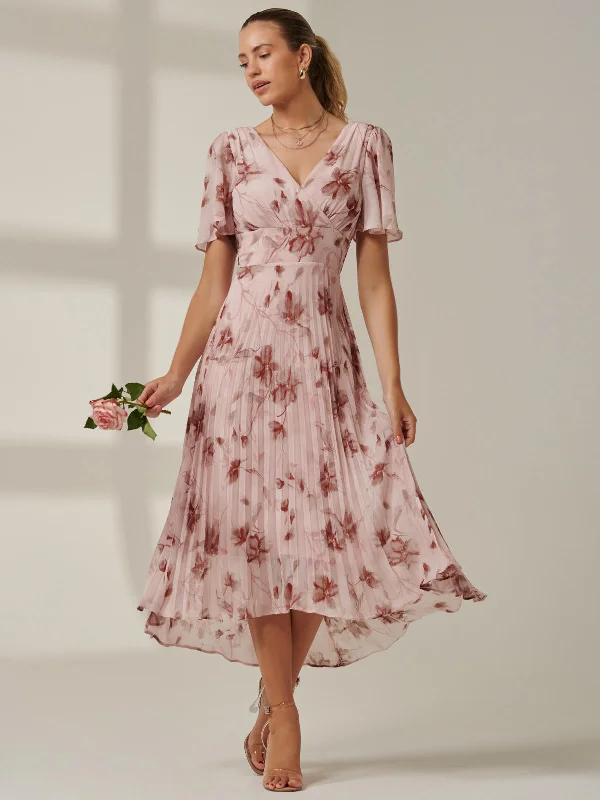 Maxi dresses with bow accents at the waist for a sweet appearanceChelsea Pleated Chiffon Dip Hem Maxi Dress, Pink Floral Maxi dresses with bow accents at the waist for a sweet appearanceChelsea Pleated Chiffon Dip Hem Maxi Dress, Pink Floral