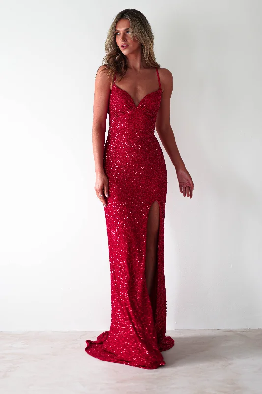 Strapless maxi dresses for a beachside vacationClarisse Bodycon Sequin Gown | Red