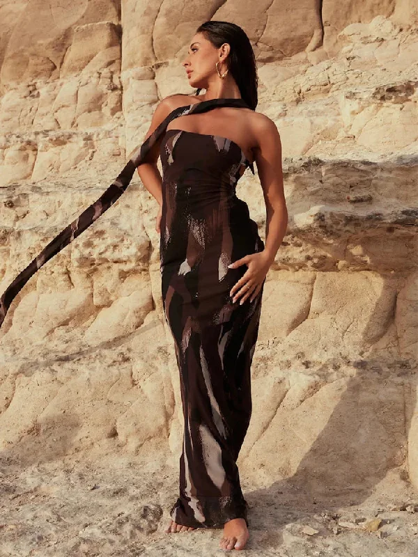 Maxi dresses with embroidered floral motifs for a unique designScarf Print Bodycon Long Backless Nightclub Sexy Spring Summer Maxi Dress