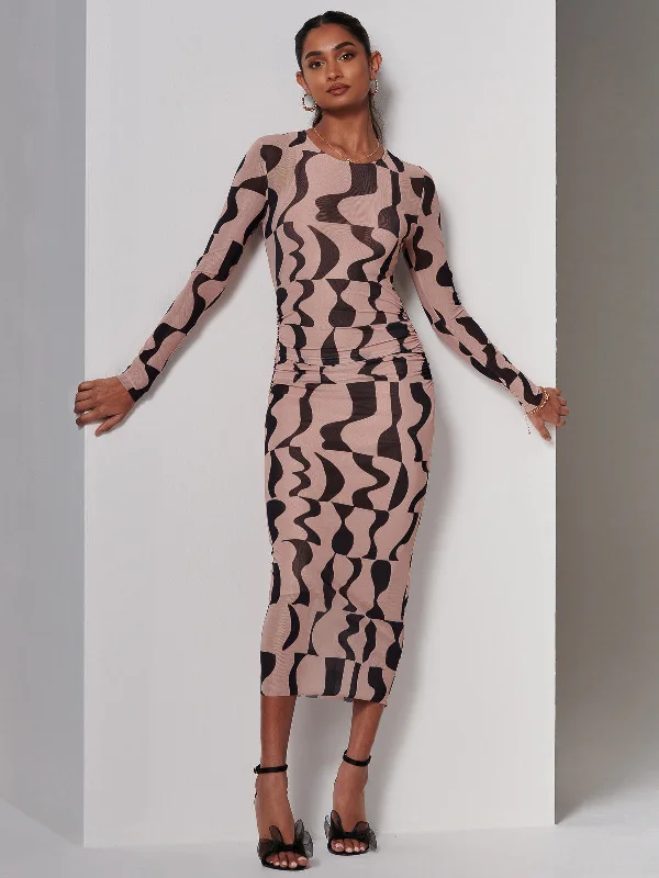 Printed maxi dresses with abstract patterns for an artistic lookGionna Mesh Long Sleeve Midaxi Dress, Tan Brown Printed maxi dresses with abstract patterns for an artistic lookGionna Mesh Long Sleeve Midaxi Dress, Tan Brown