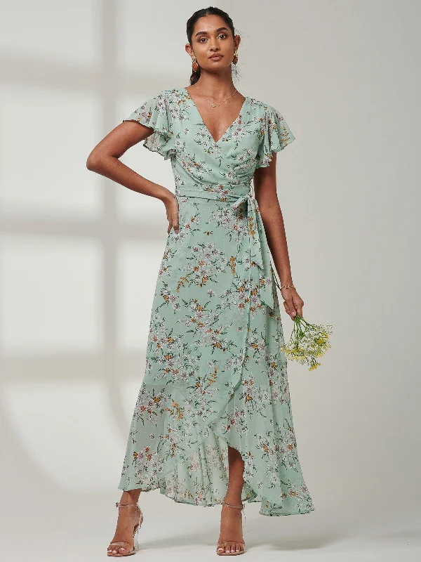 Maxi dresses with a keyhole back for a sexy detailHaylie Frill Chiffon Maxi Dress, Green Floral Maxi dresses with a keyhole back for a sexy detailHaylie Frill Chiffon Maxi Dress, Green Floral