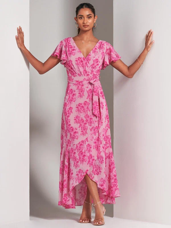Maxi dresses with thin spaghetti straps for a delicate and feminine feelHaylie Frill Chiffon Maxi Dress, Pink Floral Maxi dresses with thin spaghetti straps for a delicate and feminine feelHaylie Frill Chiffon Maxi Dress, Pink Floral