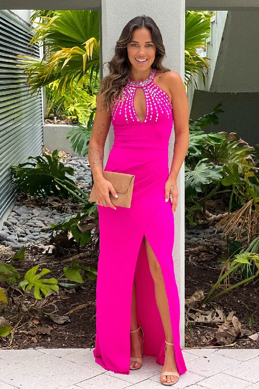 Satin maxi dresses with a high - low hem for a modern twistHot Pink Halter Neck Maxi Dress With Rhinestone Satin maxi dresses with a high - low hem for a modern twistHot Pink Halter Neck Maxi Dress With Rhinestone