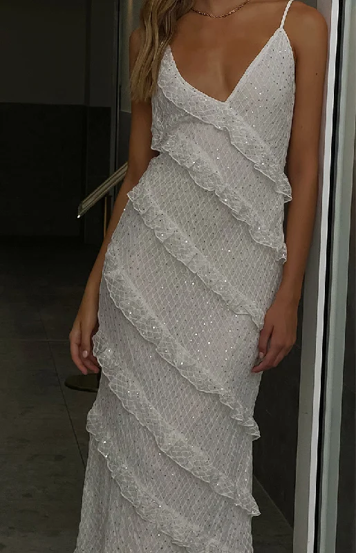 Maxi dresses with mesh panels for a sexy and trendy appearanceHudson White Ruffle Maxi Dress Maxi dresses with mesh panels for a sexy and trendy appearanceHudson White Ruffle Maxi Dress