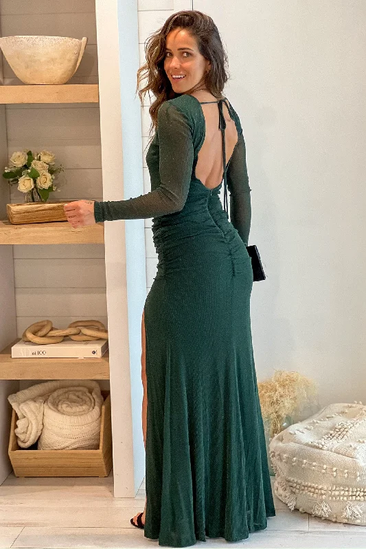 Printed maxi dresses with abstract patterns for an artistic lookHunter Green Glitter Maxi Dress With Slit And Open Back Printed maxi dresses with abstract patterns for an artistic lookHunter Green Glitter Maxi Dress With Slit And Open Back