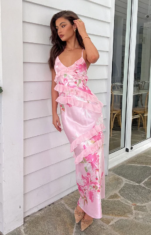 Strapless maxi dresses for a beachside vacationInara Pink Floral Print Ruffle Maxi Dress Strapless maxi dresses for a beachside vacationInara Pink Floral Print Ruffle Maxi Dress