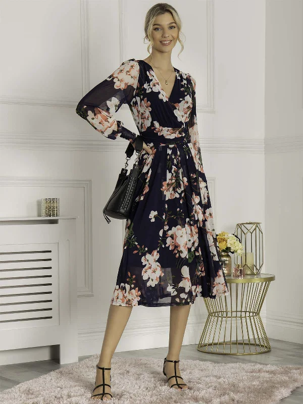 Maxi dresses with a V - neckline for a flattering and elongating shapeJasmine Long Sleeve Mesh Dress, Navy Floral Maxi dresses with a V - neckline for a flattering and elongating shapeJasmine Long Sleeve Mesh Dress, Navy Floral