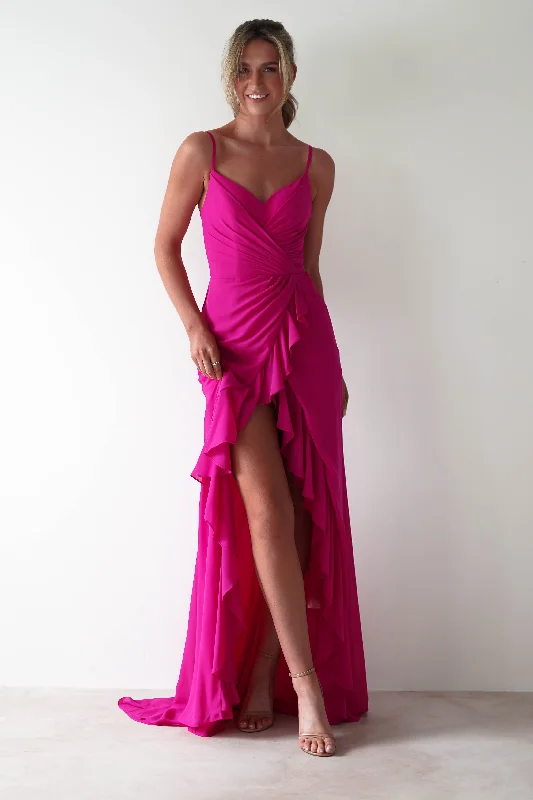Metallic maxi dresses for a glamorous New Year's Eve partyKendra Ruffle Chiffon Maxi Dress | Hot Pink Metallic maxi dresses for a glamorous New Year's Eve partyKendra Ruffle Chiffon Maxi Dress | Hot Pink