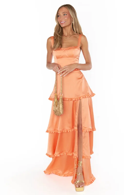 Maxi dresses with mesh panels for a sexy and trendy appearanceLady Corset Dress ~ Cantaloupe Luxe Satin Maxi dresses with mesh panels for a sexy and trendy appearanceLady Corset Dress ~ Cantaloupe Luxe Satin