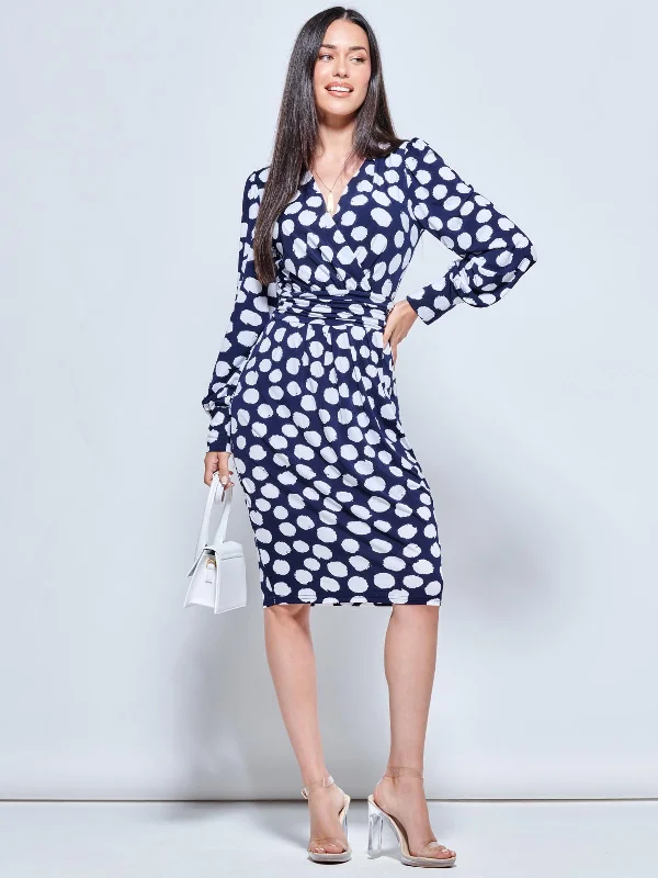 Maxi dresses with embroidered floral motifs for a unique designLong Sleeve Jersey Pegged Dress, Navy Spot Maxi dresses with embroidered floral motifs for a unique designLong Sleeve Jersey Pegged Dress, Navy Spot