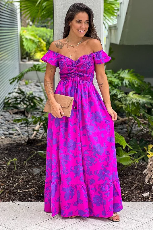 Maxi dresses with pom - pom trims for a playful and festive lookMagenta Printed Off Shoulder Maxi Dress Maxi dresses with pom - pom trims for a playful and festive lookMagenta Printed Off Shoulder Maxi Dress