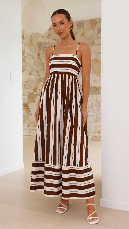 Maxi dresses with a ruffled neckline for a charming lookNadie Maxi Dress - Chocolate / White Stripe Maxi dresses with a ruffled neckline for a charming lookNadie Maxi Dress - Chocolate / White Stripe