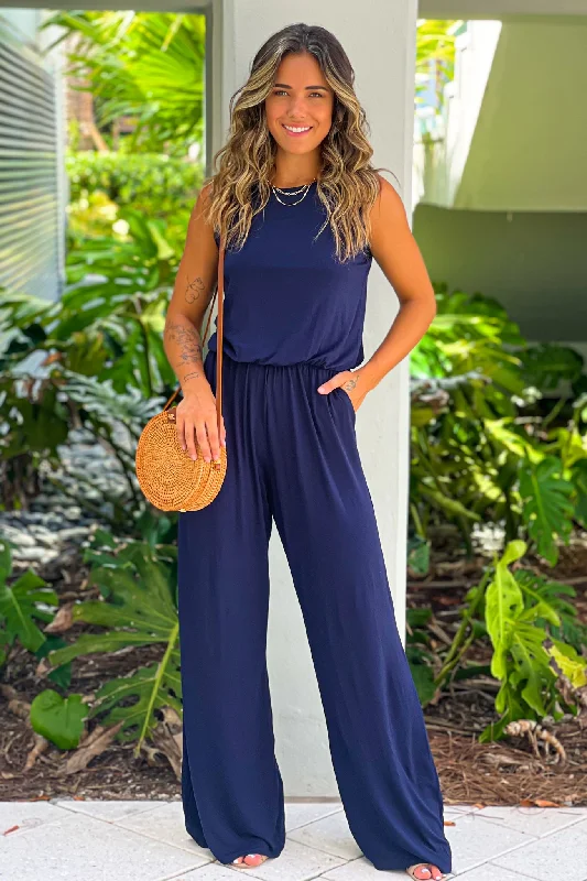 Maxi dresses with a criss - cross back for a flirty and unique detailNavy Sleeveless Jumpsuit with Pockets Maxi dresses with a criss - cross back for a flirty and unique detailNavy Sleeveless Jumpsuit with Pockets