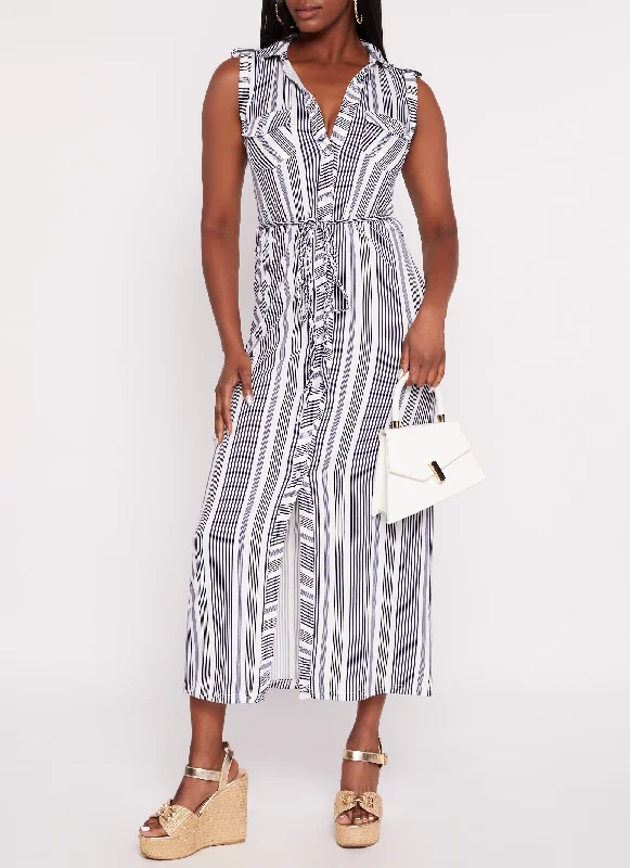 Maxi dresses with a ruched bodice for a more form - fitting and feminine shapeSleeveless Striped Tie Waist Belted Shirt Dress Maxi dresses with a ruched bodice for a more form - fitting and feminine shapeSleeveless Striped Tie Waist Belted Shirt Dress