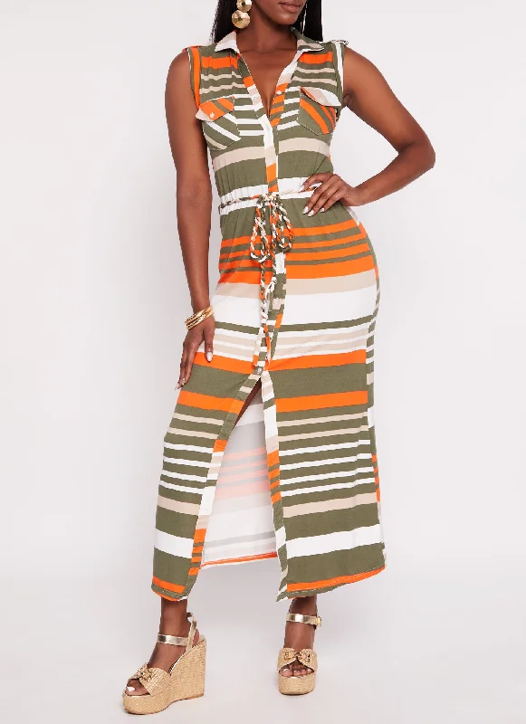 Ruffled maxi dresses with a tiered skirt for added volumeSleeveless Striped Maxi Shirt Dress Ruffled maxi dresses with a tiered skirt for added volumeSleeveless Striped Maxi Shirt Dress