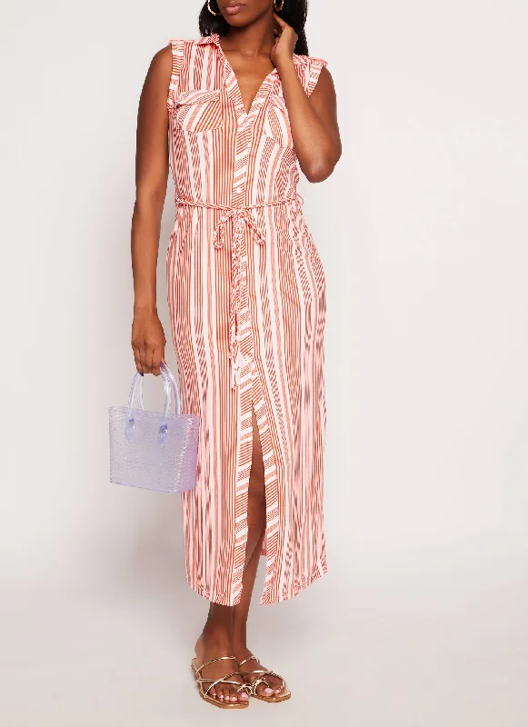 Maxi dresses with thin spaghetti straps for a delicate and feminine feelSleeveless Striped Tie Waist Belted Shirt Dress Maxi dresses with thin spaghetti straps for a delicate and feminine feelSleeveless Striped Tie Waist Belted Shirt Dress