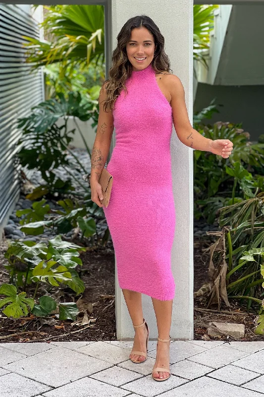 Maxi dresses with a wrap - around style for a customizable fitPink Knit Midi Halter Dress With Back Buttons Maxi dresses with a wrap - around style for a customizable fitPink Knit Midi Halter Dress With Back Buttons