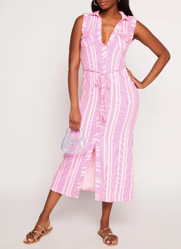 Maxi dresses with polka dot prints for a playful styleSleeveless Striped Tie Waist Belted Shirt Dress Maxi dresses with polka dot prints for a playful styleSleeveless Striped Tie Waist Belted Shirt Dress