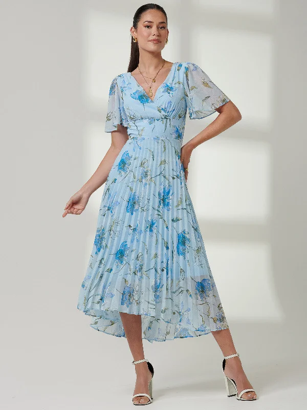 Polyester maxi dresses for easy - care and durabilityPleated Dip Hem Chiffon Maxi Dress, Blue Floral Polyester maxi dresses for easy - care and durabilityPleated Dip Hem Chiffon Maxi Dress, Blue Floral