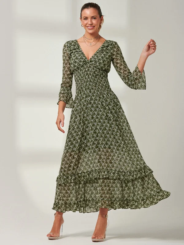 Maxi dresses with a ruffled neckline for a charming lookQaiya Shirred Chiffon Maxi Dress, Green Floral Maxi dresses with a ruffled neckline for a charming lookQaiya Shirred Chiffon Maxi Dress, Green Floral