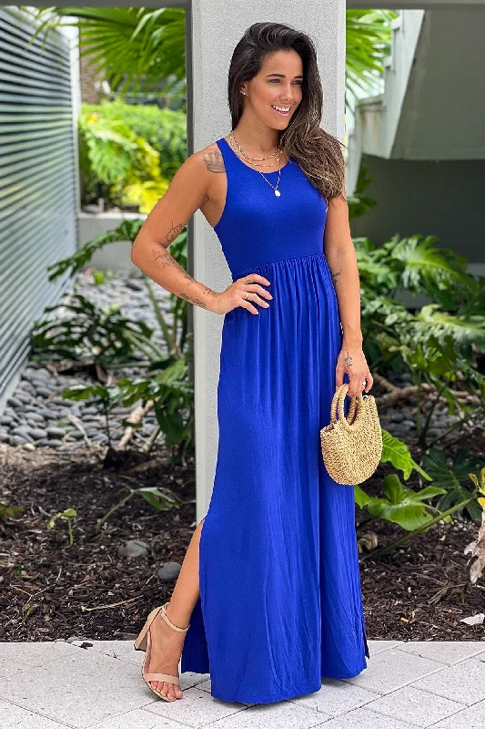 Maxi dresses with a button - down front for a classic lookRoyal Blue Racer Back Maxi Dress With Side Slit Maxi dresses with a button - down front for a classic lookRoyal Blue Racer Back Maxi Dress With Side Slit