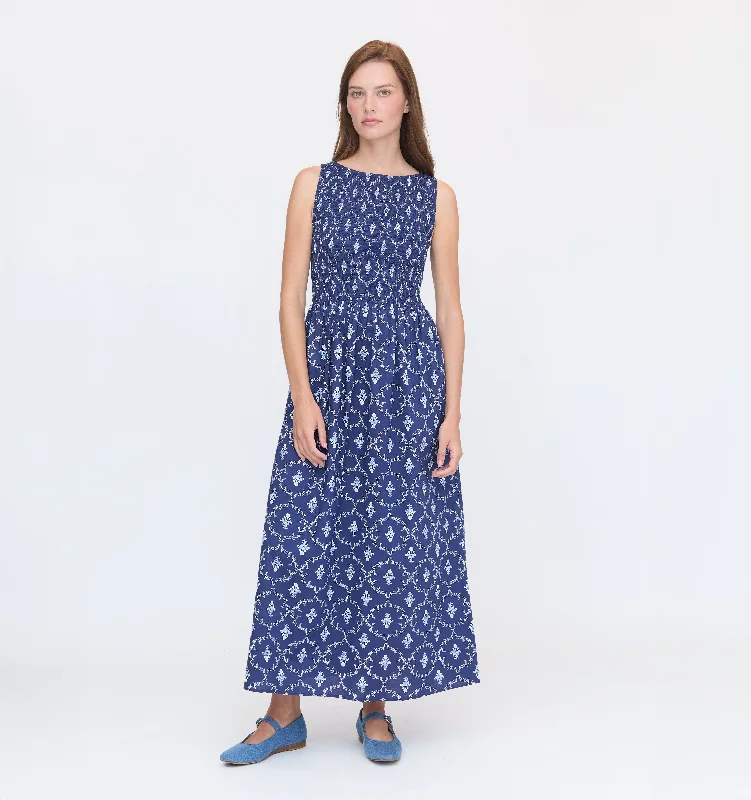 Ruffled maxi dresses with a tiered skirt for added volumeThe Cosima Nap Dress - Navy Trellis Ruffled maxi dresses with a tiered skirt for added volumeThe Cosima Nap Dress - Navy Trellis