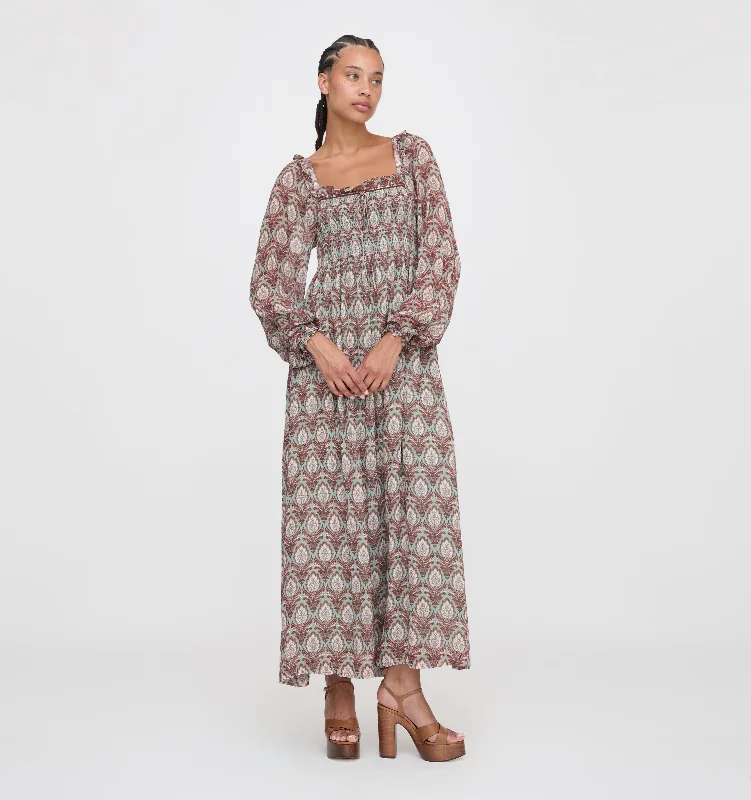 Ruffled maxi dresses with a tiered skirt for added volumeThe Scarlett Long Sleeve Nap Dress - Sage Pinecone Ruffled maxi dresses with a tiered skirt for added volumeThe Scarlett Long Sleeve Nap Dress - Sage Pinecone